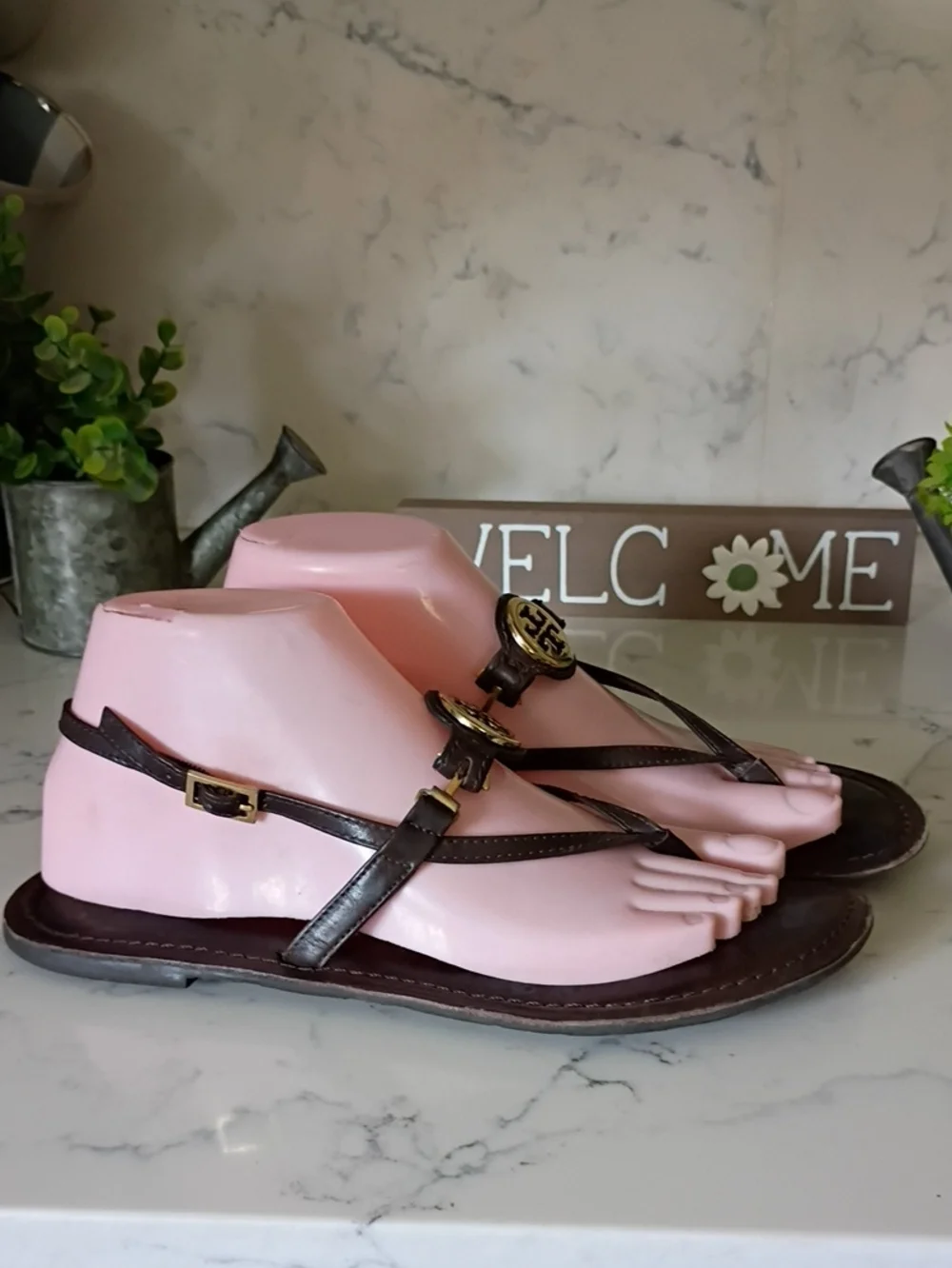 Tory Burch Brown Leather Sandals with Gold Logo Medallions